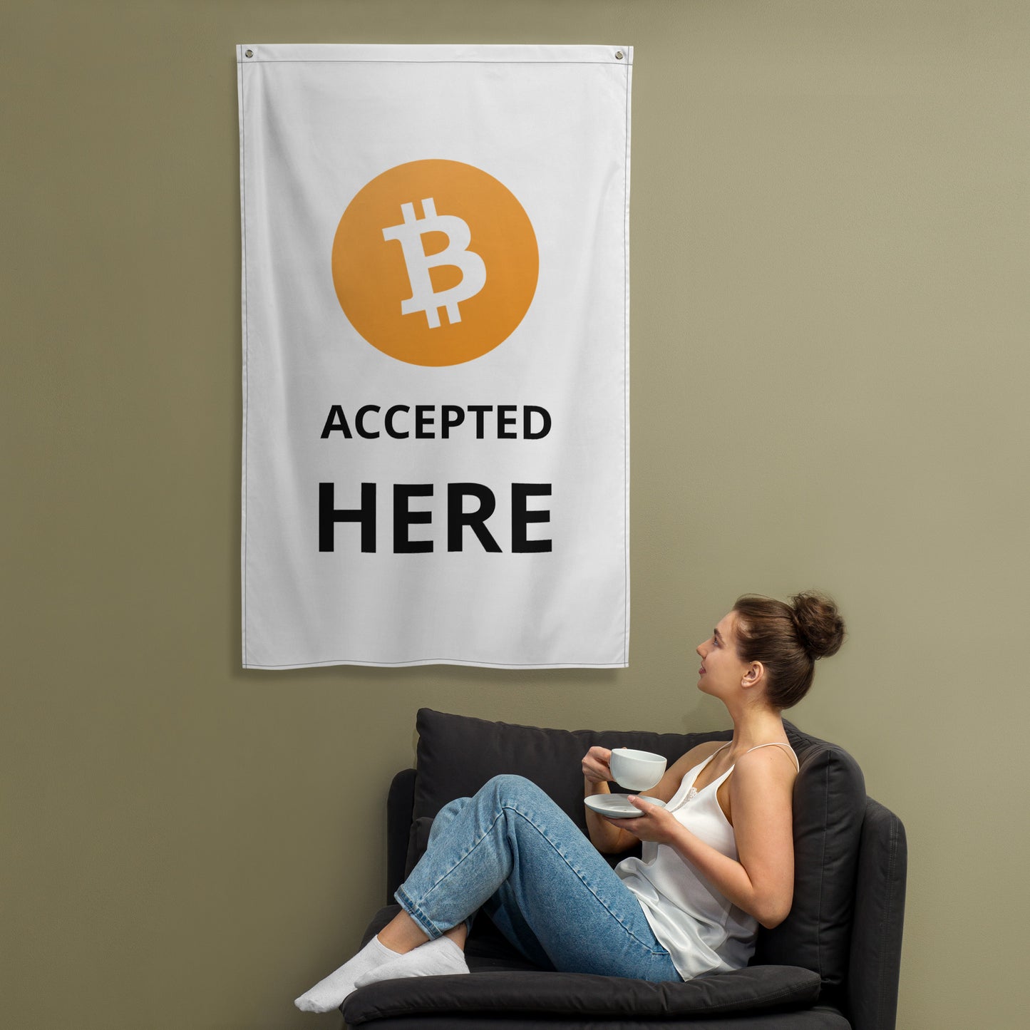 Bitcoin Accepted Here Flag Banner | Cryptocurrency flag | White