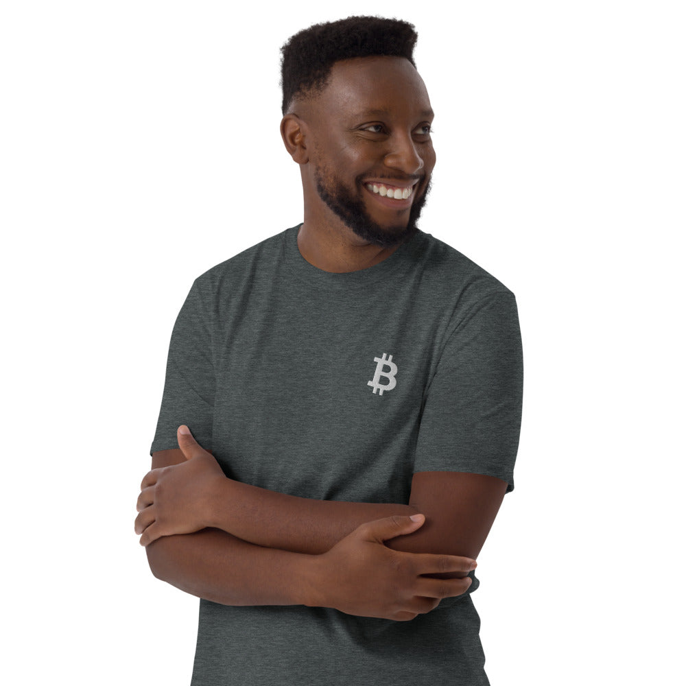 Bitcoin Symbol Embroidered Minimalist T-shirt | Crypto Clothing | Short-Sleeve Unisex Tee