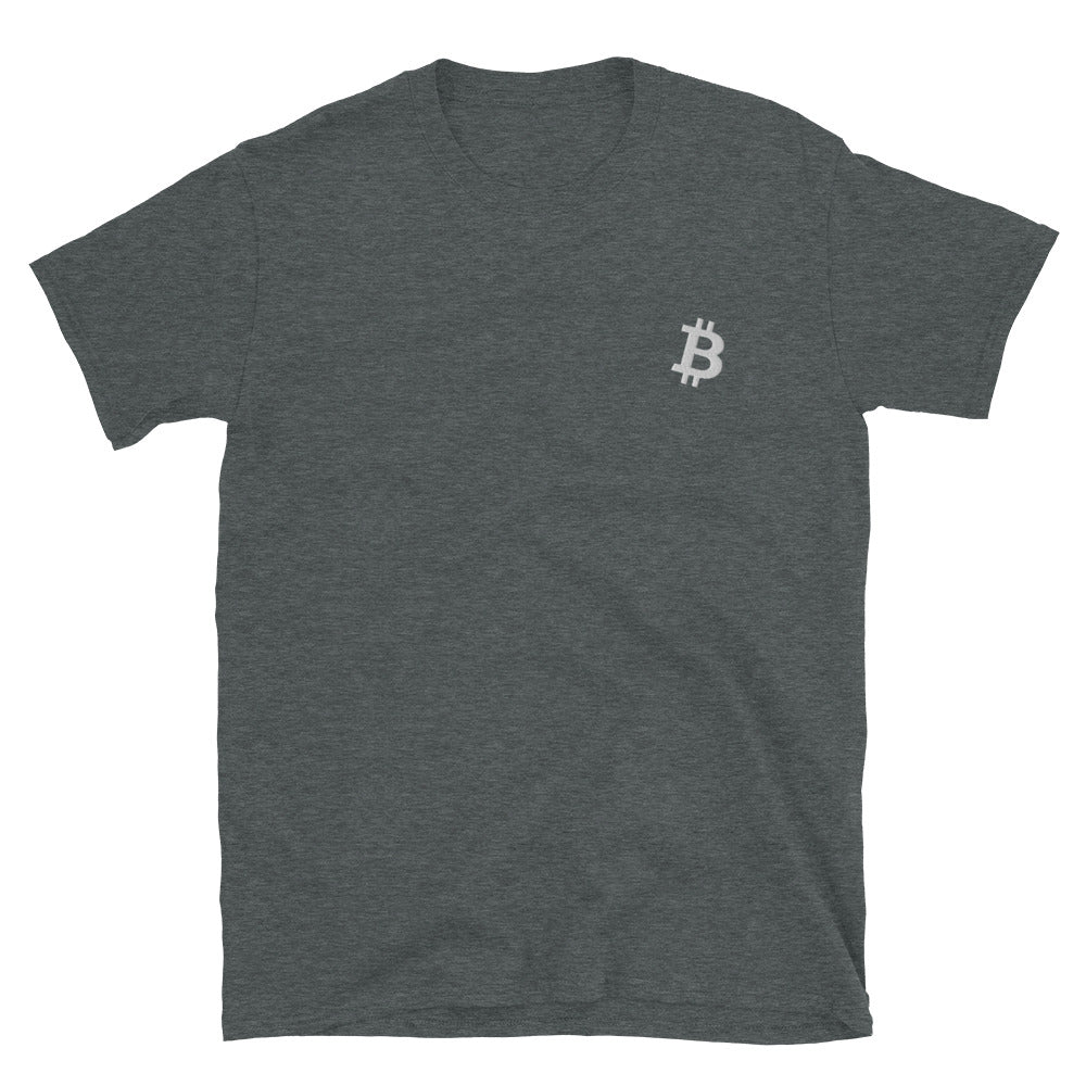 Bitcoin Symbol Embroidered Minimalist T-shirt | Crypto Clothing | Short-Sleeve Unisex Tee