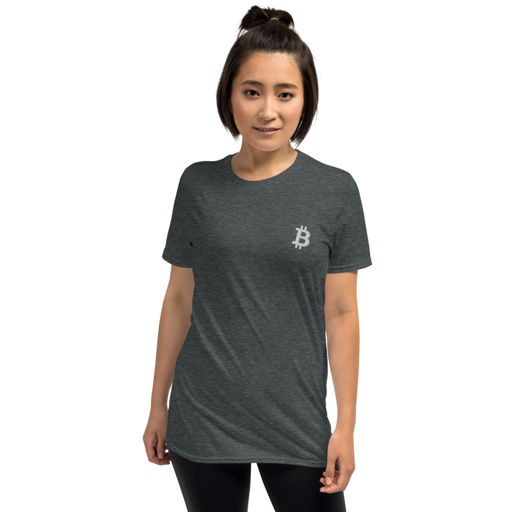 Bitcoin Symbol Embroidered Minimalist T-shirt | Crypto Clothing | Short-Sleeve Unisex Tee