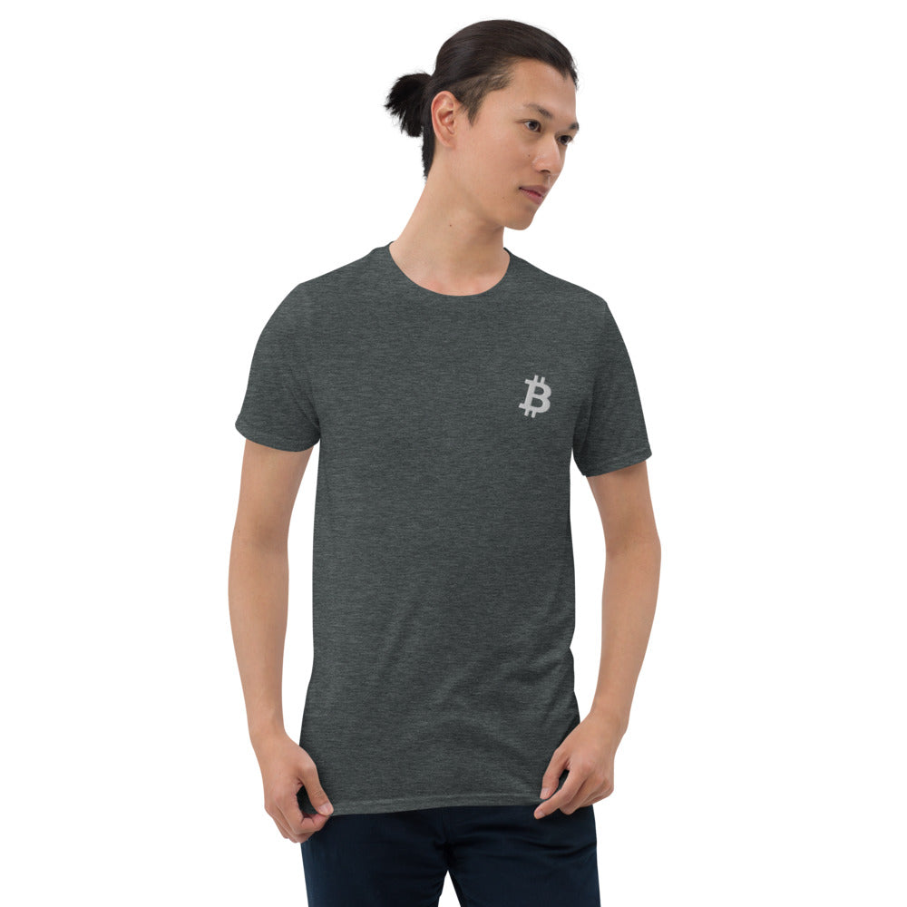 Bitcoin Symbol Embroidered Minimalist T-shirt | Crypto Clothing | Short-Sleeve Unisex Tee