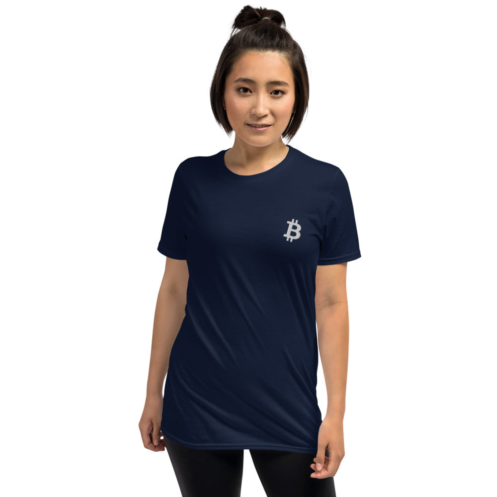 Bitcoin Symbol Embroidered Minimalist T-shirt | Crypto Clothing | Short-Sleeve Unisex Tee