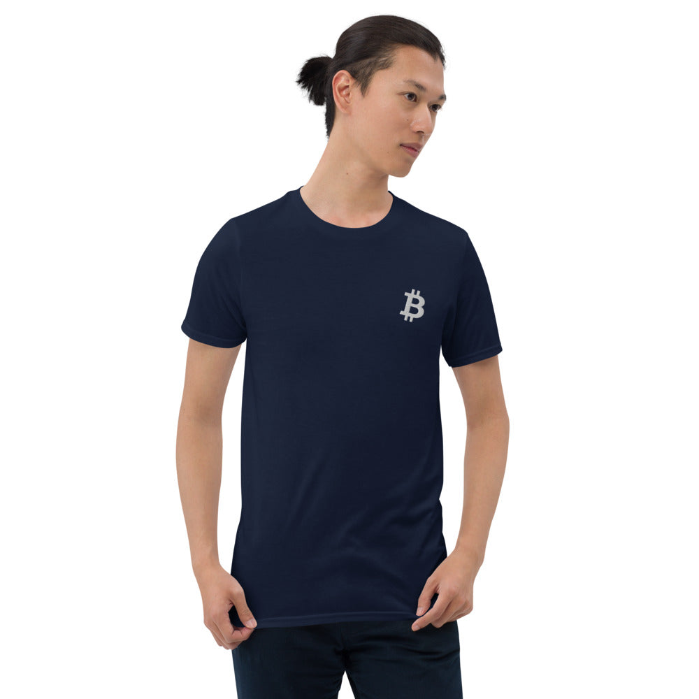 Bitcoin Symbol Embroidered Minimalist T-shirt | Crypto Clothing | Short-Sleeve Unisex Tee