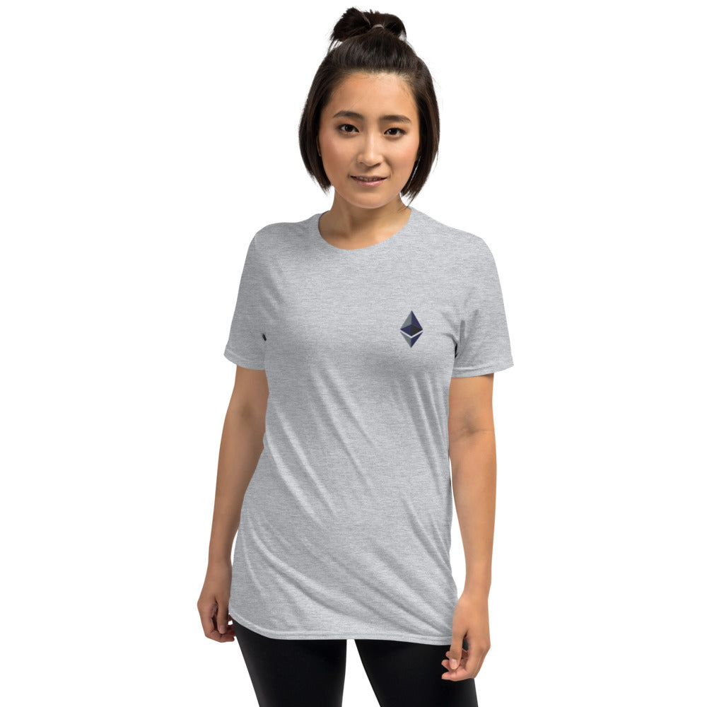 Ethereum Symbol Embroidered Minimalist T-shirt | Crypto Clothing |  Unisex Tee | grey & white