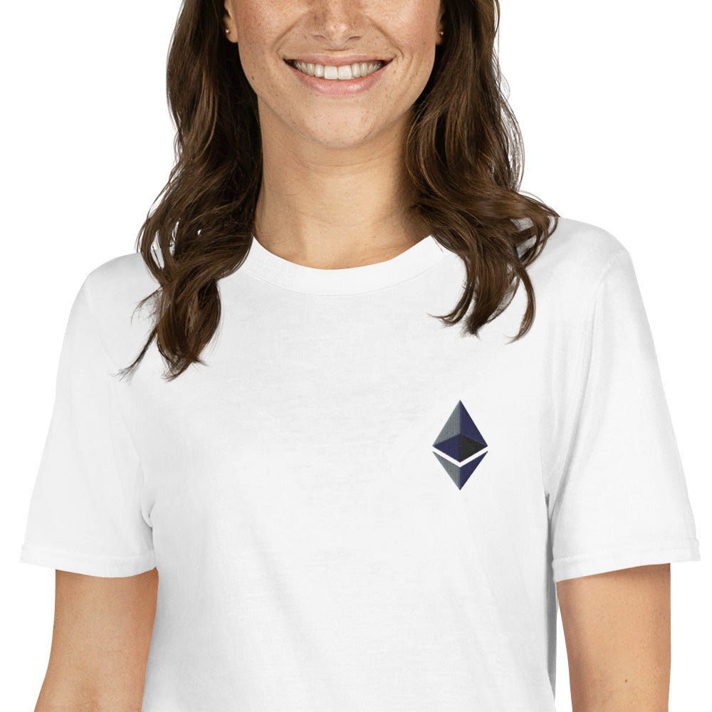 Ethereum Symbol Embroidered Minimalist T-shirt | Crypto Clothing |  Unisex Tee | grey & white